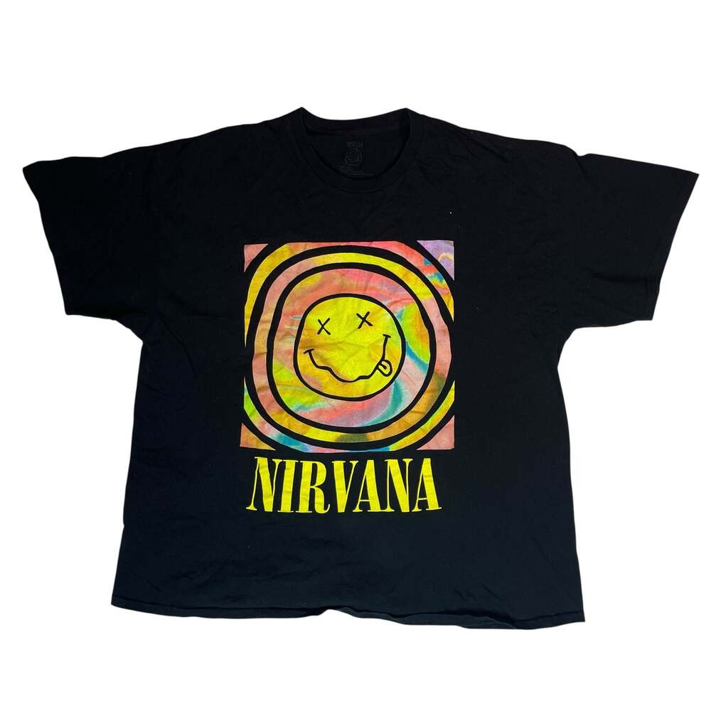 Nirvana Smiley Face Graphic Band T Shirt Black 2XL Grunge Rock Tee